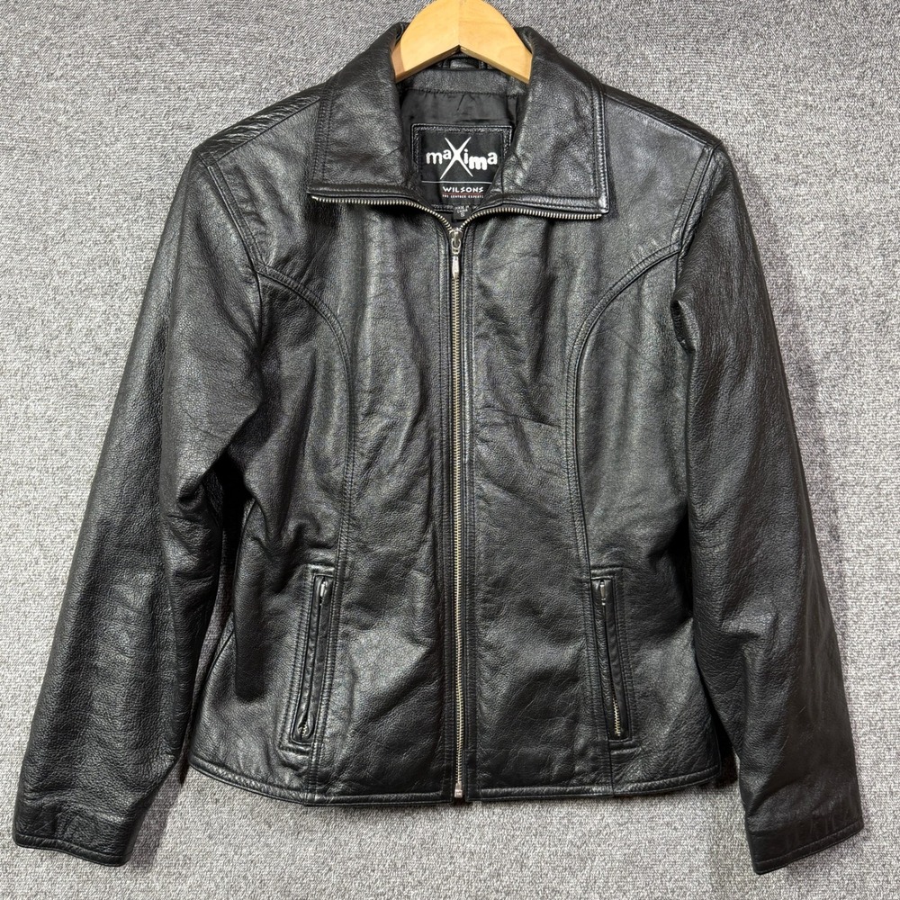 Wilsons Leather Maxima Womens Black Genuine Leather Zip Up Jacket Small